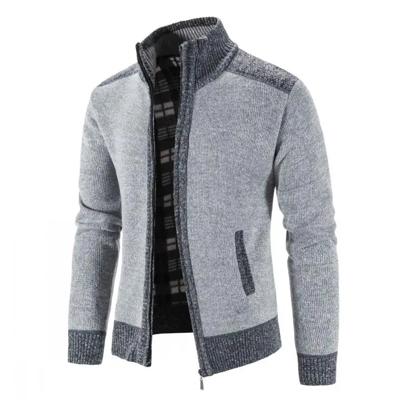 Warm patchwork men's cardigan by FAVOCENT with high collar, thick and cozy design, perfect for cold weather.