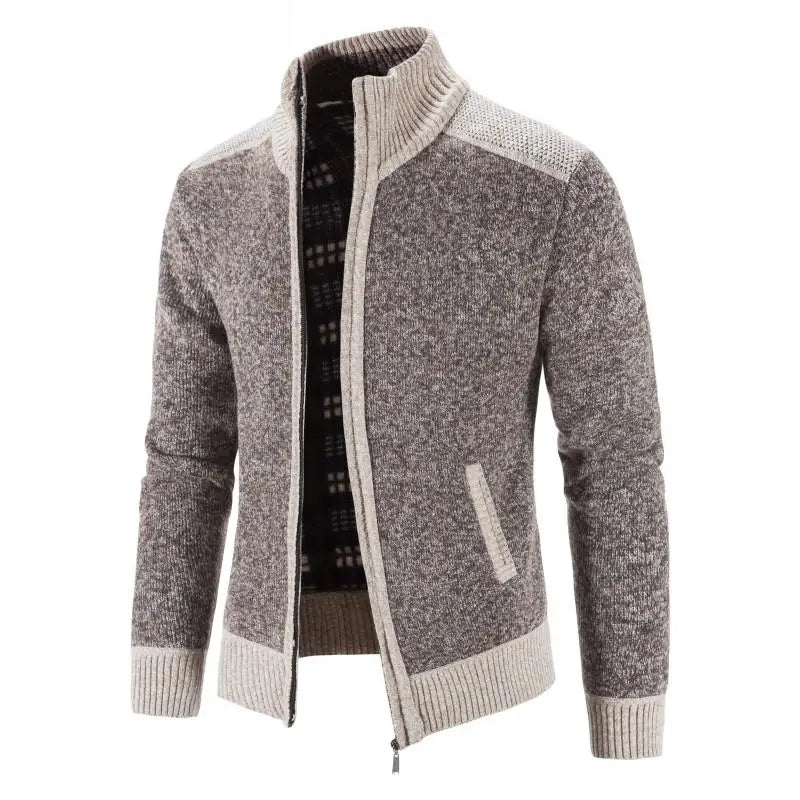 Warm patchwork men's cardigan with high collar by FAVOCENT, featuring thick, cozy fabric in earthy tones for cold weather.