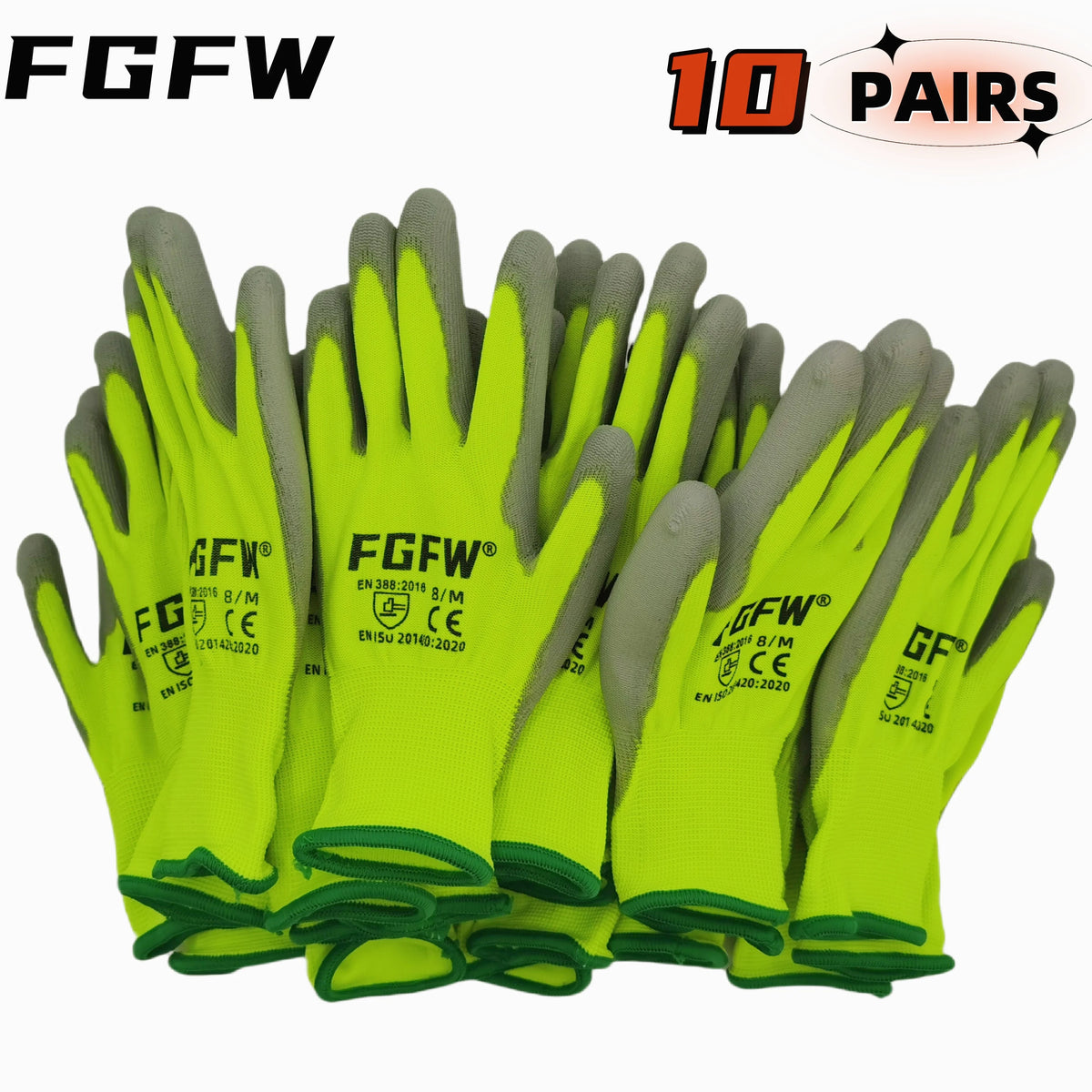 Pair of FGFW safety work gloves made of PU, certified EN 388 and ISO 20471, available in sizes S to XL, designed for industrial safety.