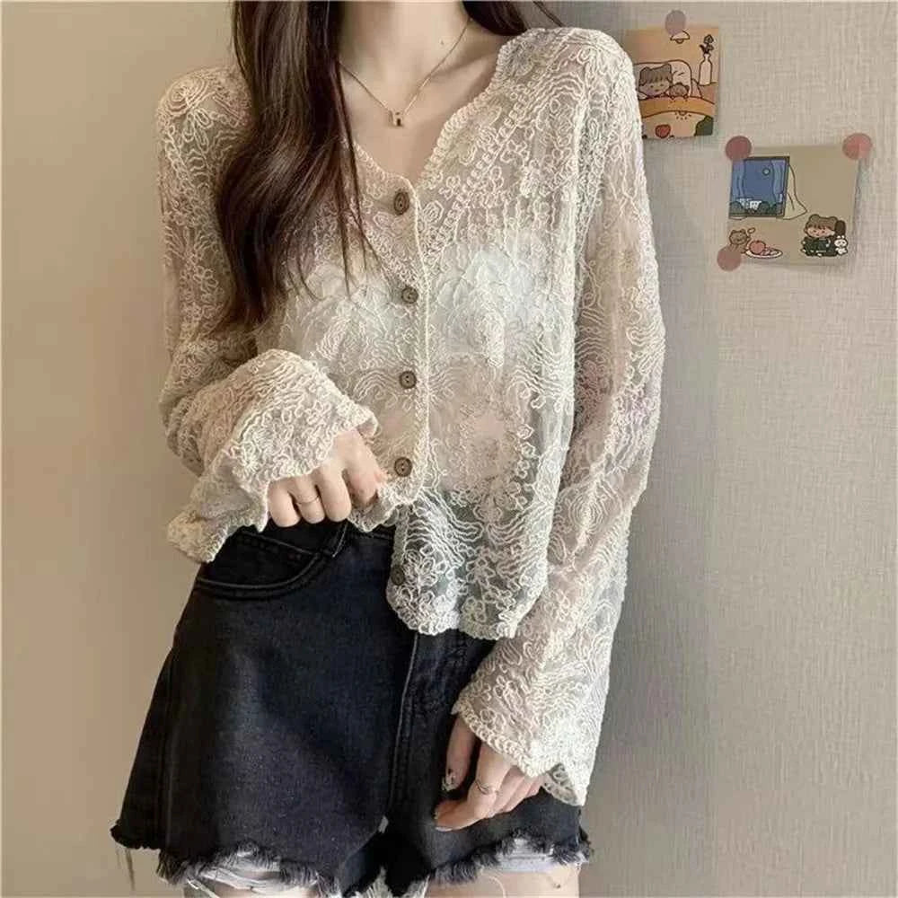 Flubiflous white lace Korean cardigan with long sleeves, lightweight and elegant, perfect for spring-summer casual wear.