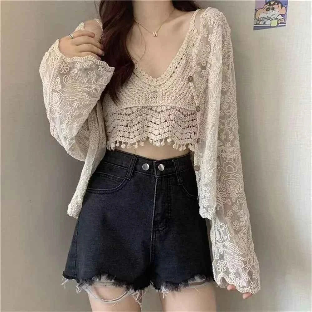 White Flubiflous lace cardigan with long sleeves, lightweight and elegant, perfect for spring and summer seasons.