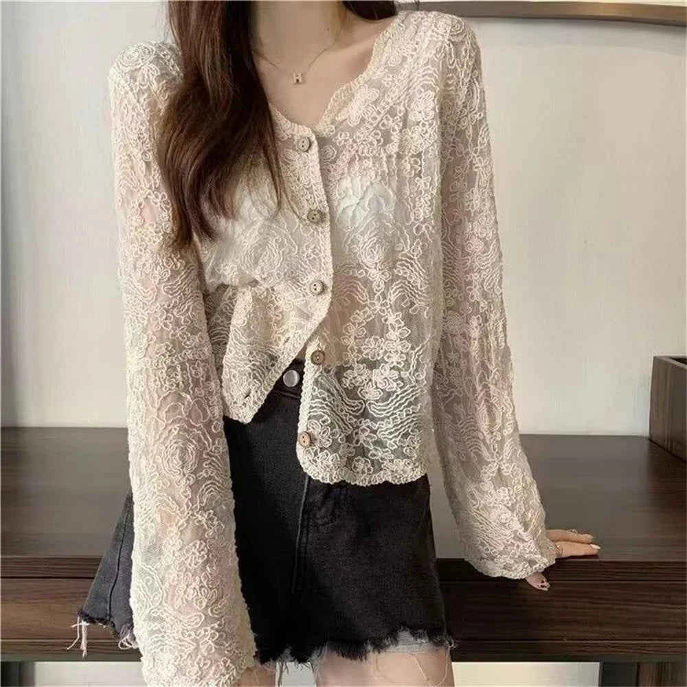 Flubiflous white lace cardigan with long sleeves, lightweight and elegant, perfect for spring-summer casual wear.