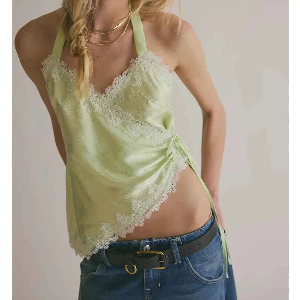 Elegant satin camisole top with lace details from FYBITBO, featuring a sexy Y2K summer style for women.