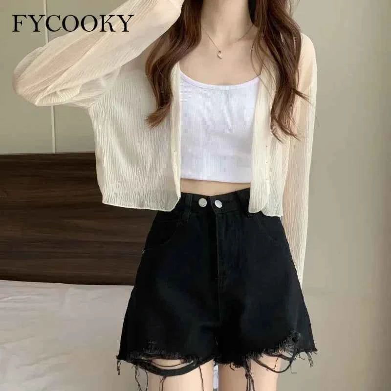 Pink FYCOOKY women's gauze cardigan, lightweight summer sweater with elegant design and sun protection, perfect for warm weather.