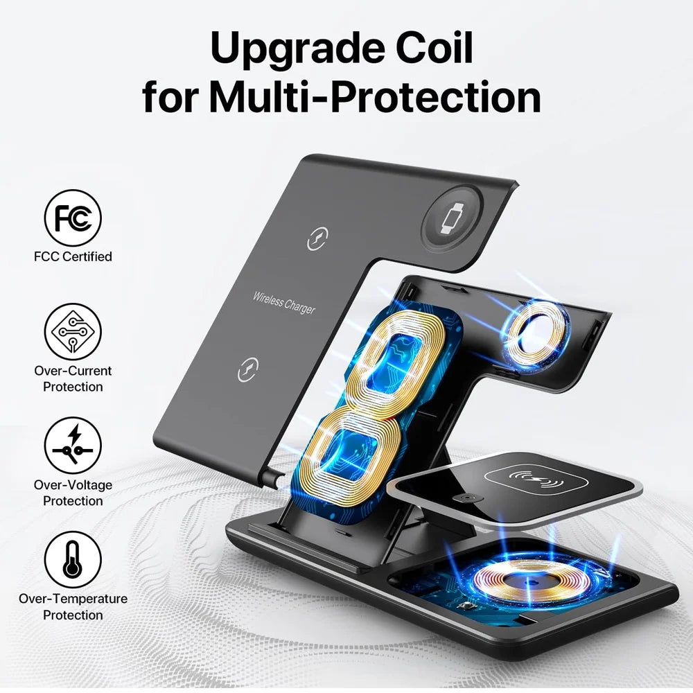 GEKEMAL 3-in-1 wireless charger for iPhone, iWatch, and AirPods showing black design with cable connection.