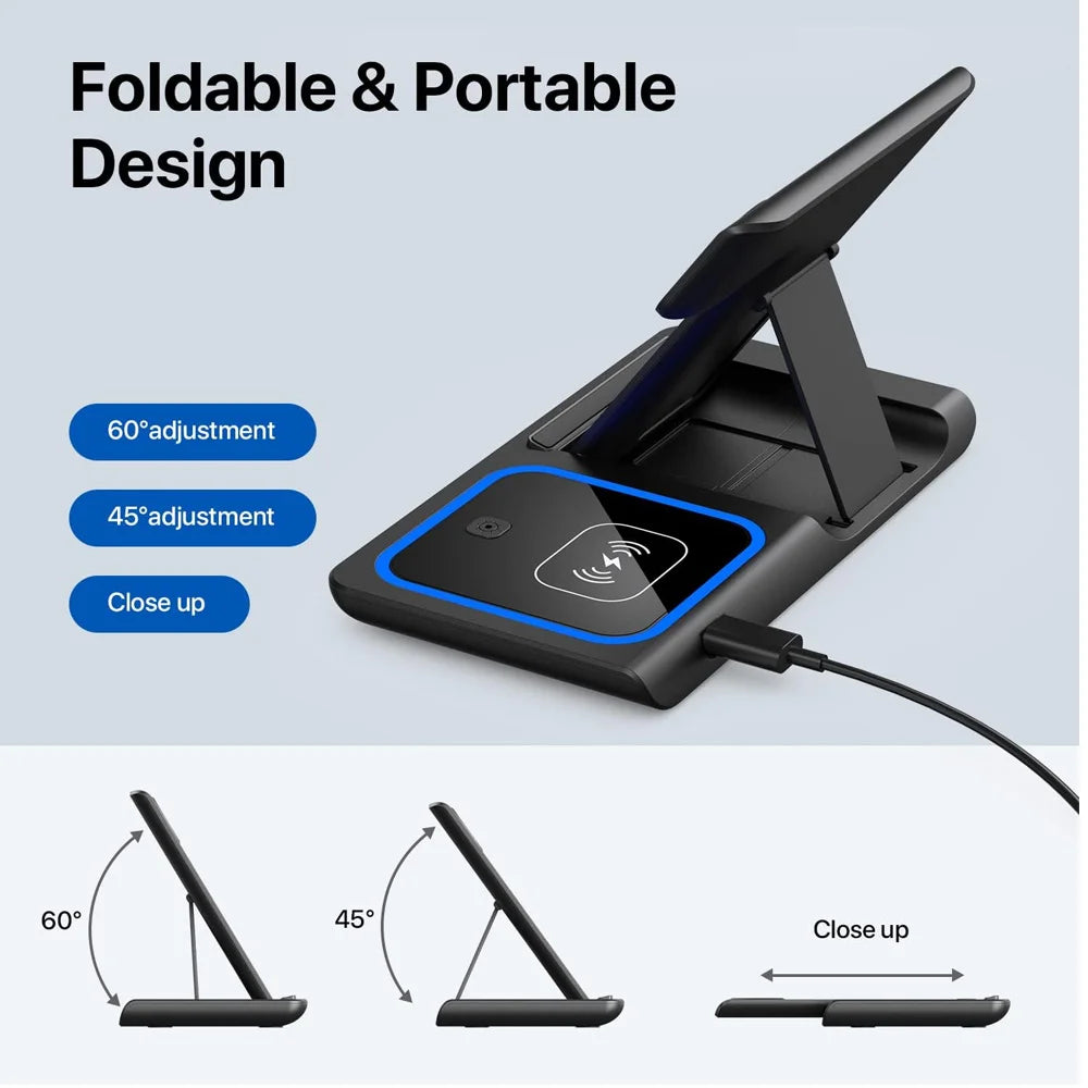 GEKEMAL 3-in-1 wireless charger for iPhone, iWatch, and AirPods, 15W fast charging, black with cable, electronic accessory.