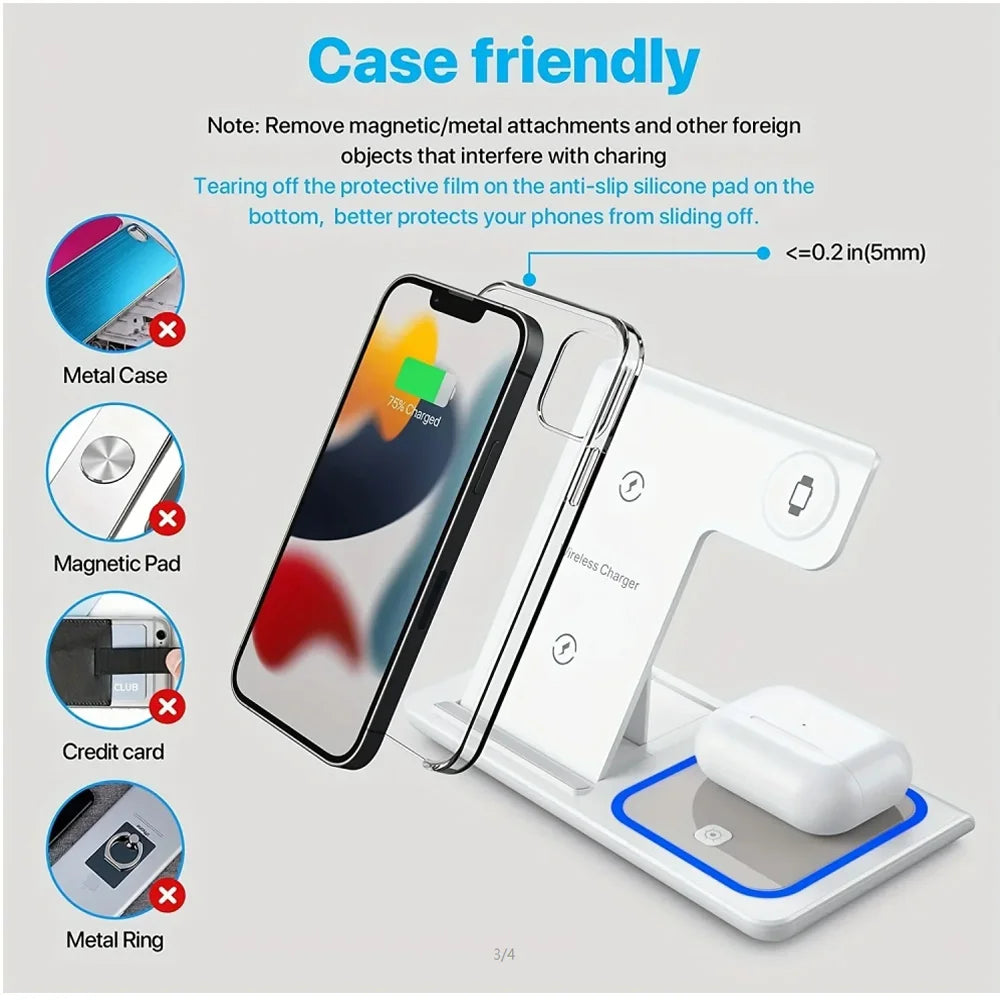 GEKEMAL 3-in-1 wireless charger for iPhone, iWatch, and AirPods, black with cable, 15W fast charging, electronic accessories.