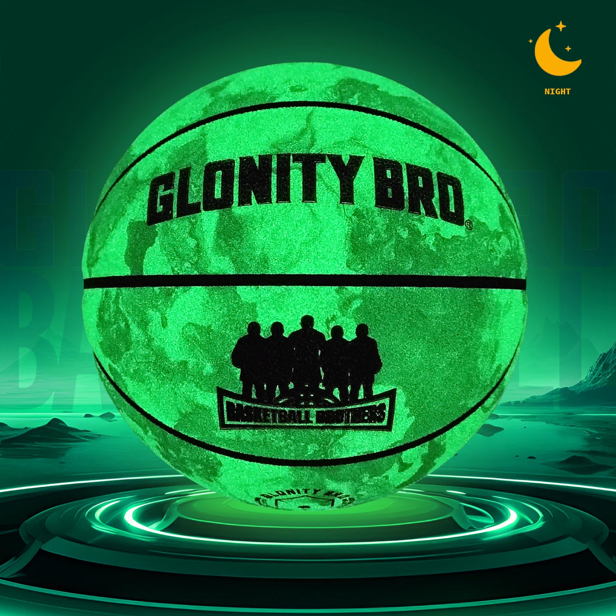 Glonity Bro luminous official green size 7 basketball made of durable PU material, designed for sports and outdoor play.