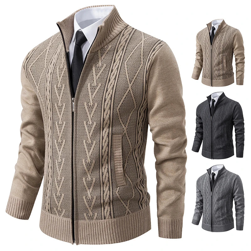 Beige GQXAON men's cashmere sweater coat, informal warm winter cardigan, stylish and cozy outerwear for men.