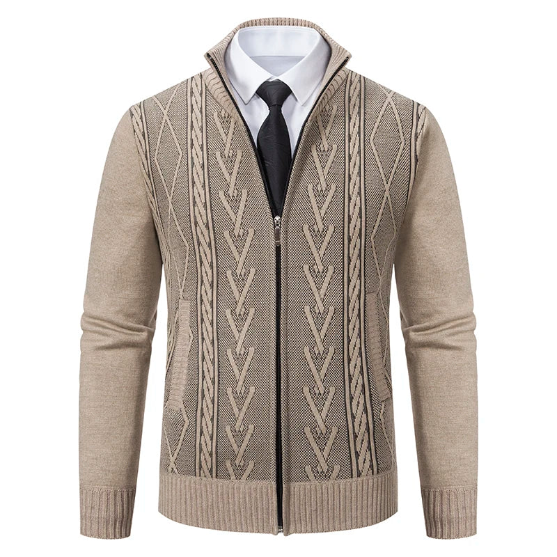 Beige men's cashmere sweater coat by GQXAON, warm and casual for winter, styled as an informal winter cardigan or coat.