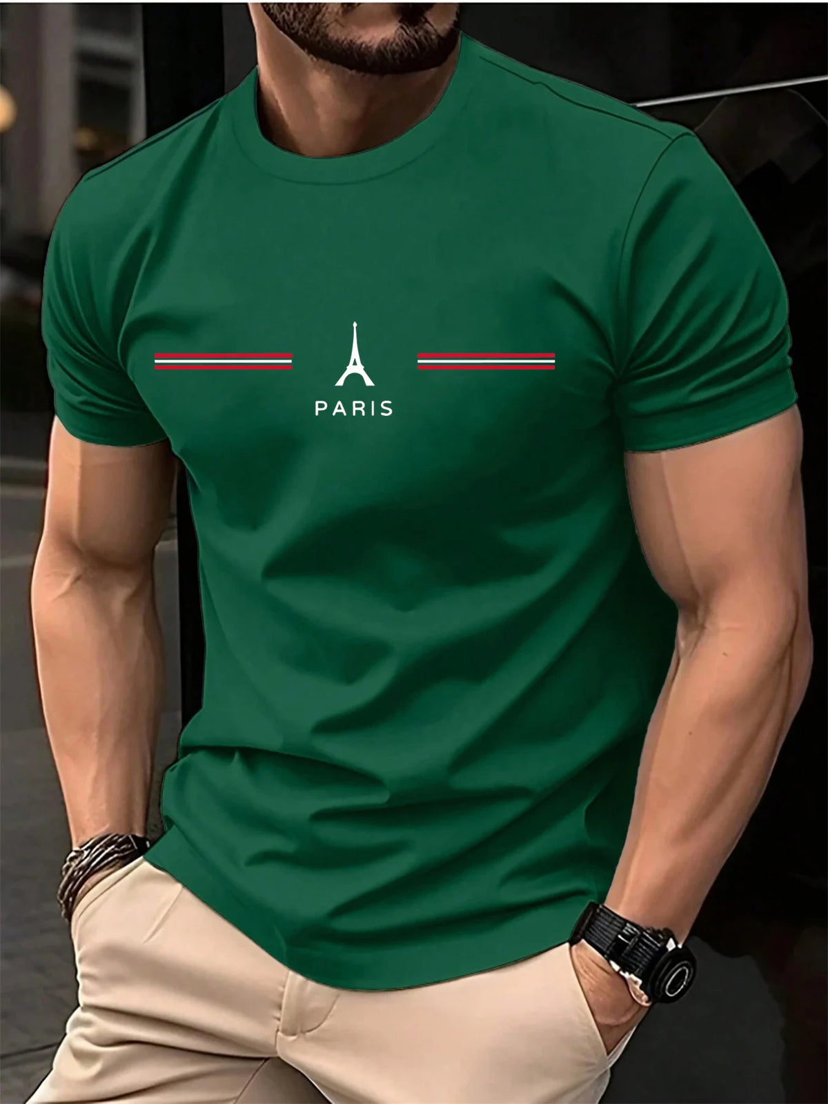GUILAN men's white cotton Paris oversize casual T-shirt with round neck, relaxed fit, and comfortable everyday style.