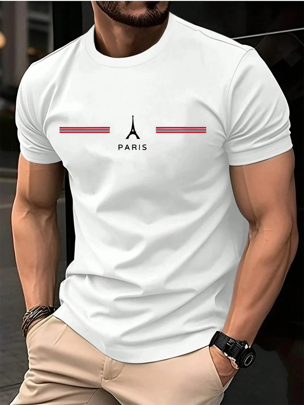 GUILAN men's white cotton Paris oversized casual T-shirt with round neck, laid flat showing front view.