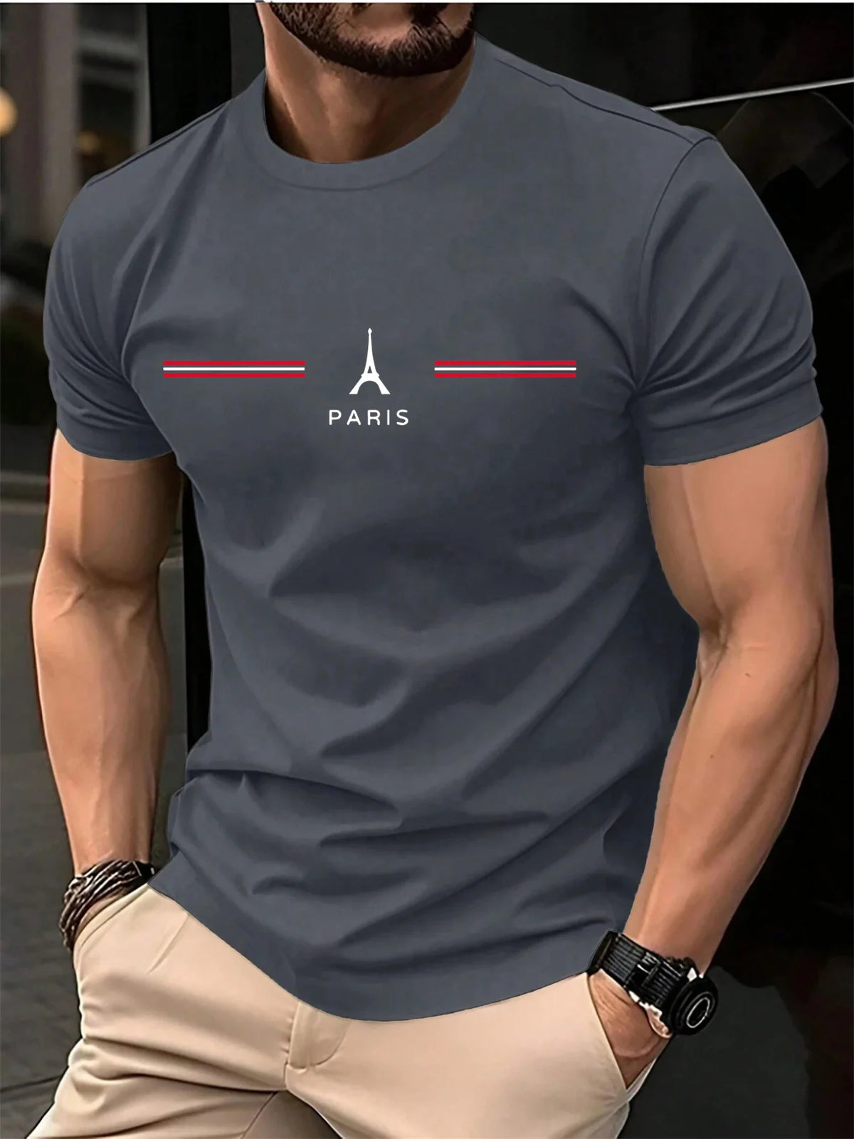 GUILAN men's casual white cotton Paris oversized round neck T-shirt, relaxed fit, short sleeves, stylish everyday top for men.