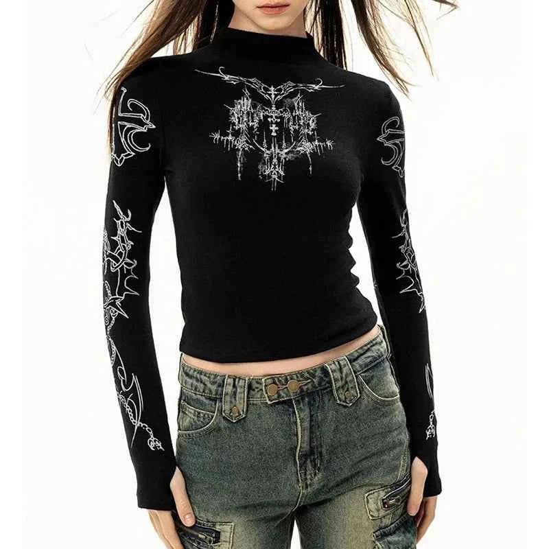 Black HIZILENT grunge Y2K women's high-neck graphic T-shirt featuring emo punk style, with bold graphic design.