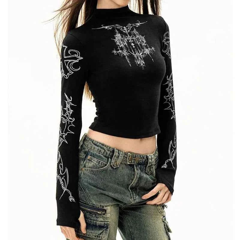 Black Y2K grunge and emo punk style women's high-neck graphic T-shirt by HIZILENT, casual top for edgy fashion.