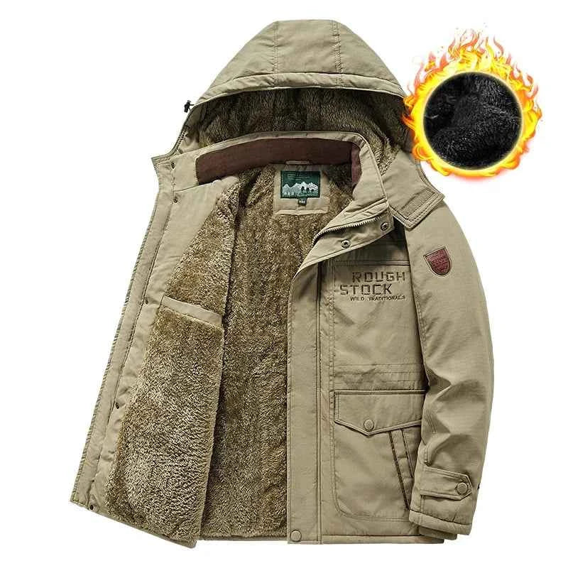 Hndtaz men's navy blue thermal winter parka, XXL, with insulated hood and zipper, ideal for warmth and style in cold weather.