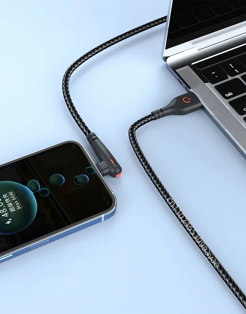 HOMEFISH USB-C cable 120W fast charging and high-speed data transfer, 1 meter, black, 90° angle for electronic device connectivity.