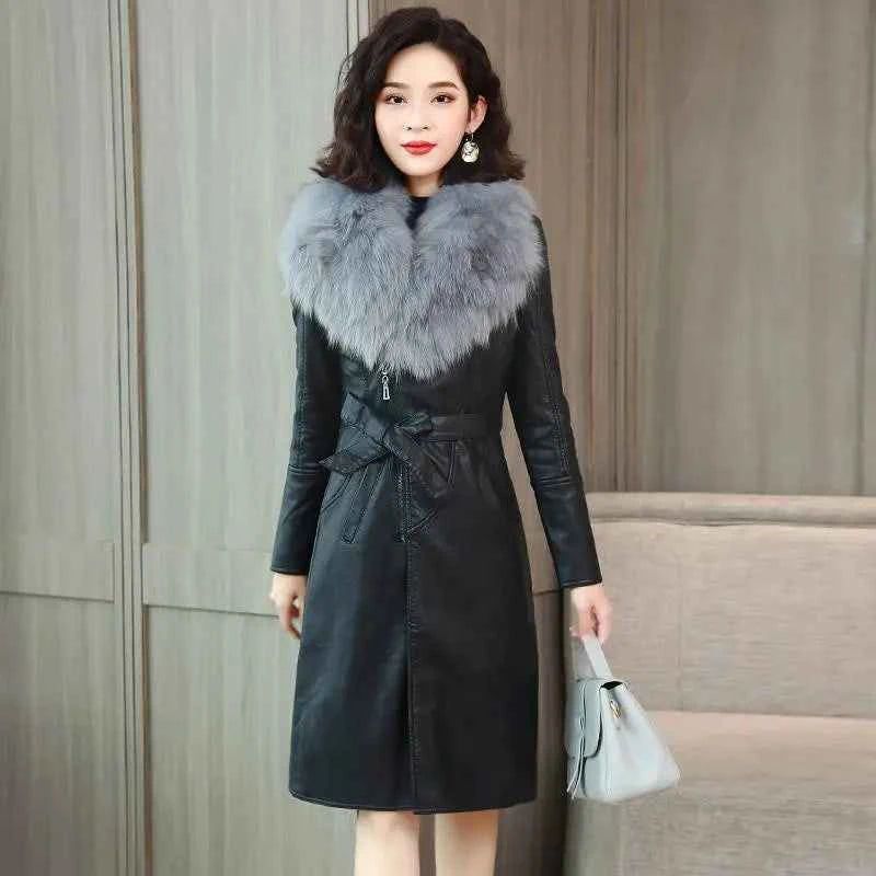Caramel-colored women's synthetic leather collar winter coat, long Korean style jacket from IOQRCJV, stylish and warm for winter.
