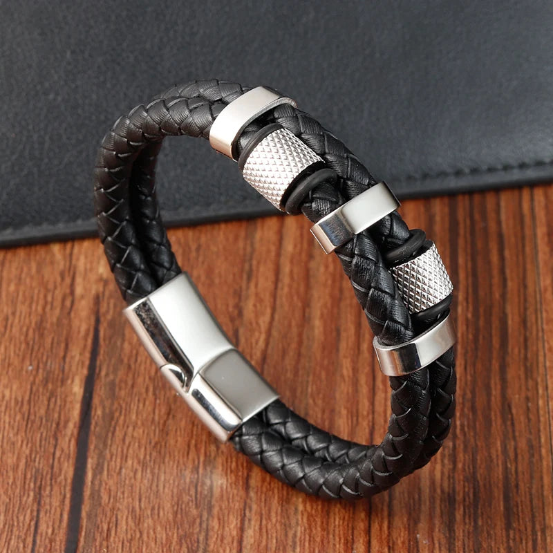 Trenzada hombre pulsera de cuero y acero magnético de JIAYUPENG, 22-21 cm, con diseño elegante y robusto.