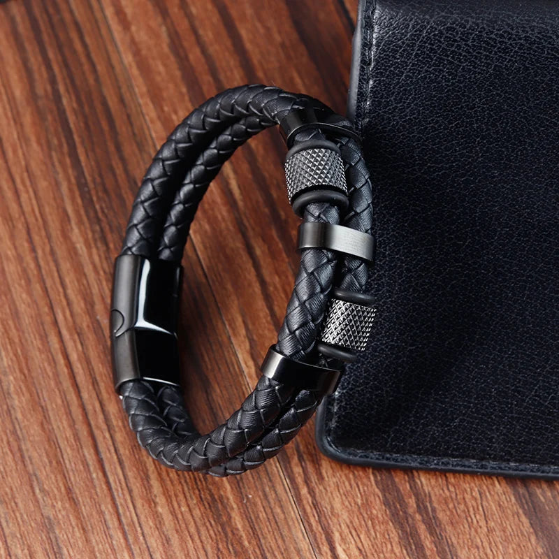 Trenzada cuero y acero magnético pulsera para hombre de la marca JIAYUPENG, 22-21 cm, en accesorios de joyería.