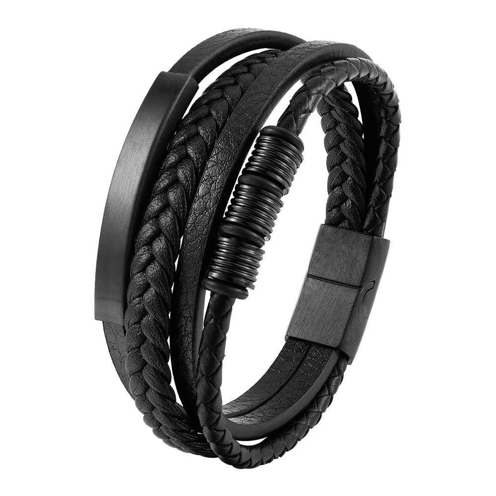 Trenzada hombre cuero y acero magnético pulsera de JIAYUPENG, 22-21 cm, stylish jewelry accessory for men.