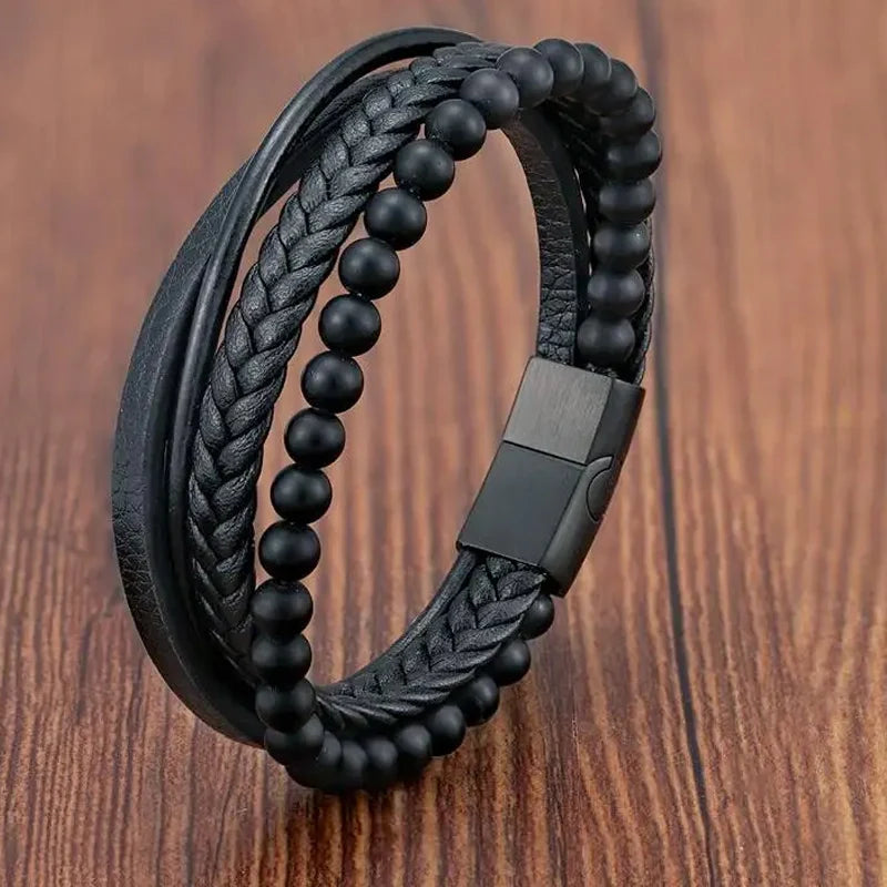 Trenzada hombre de cuero y acero magnético, pulsera de JIAYUPENG, accesorios de joyería con diseño elegante y duradero.