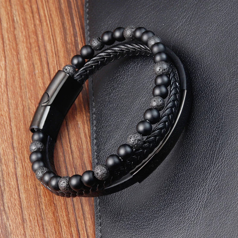 Trenzada hombre cuero pulsera de acero magnético de JIAYUPENG, 22-21 cm, con cierre de acero y diseño elegante.
