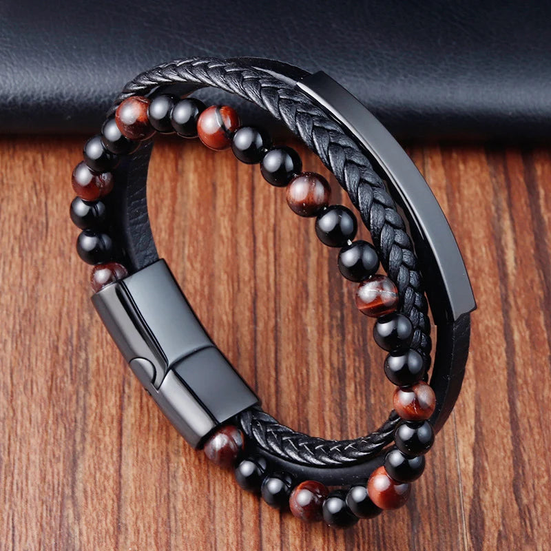 Trenzada hombre cuero y acero magnético pulsera de joyería JIAYUPENG, 22-21 cm, stylish accessory for men.