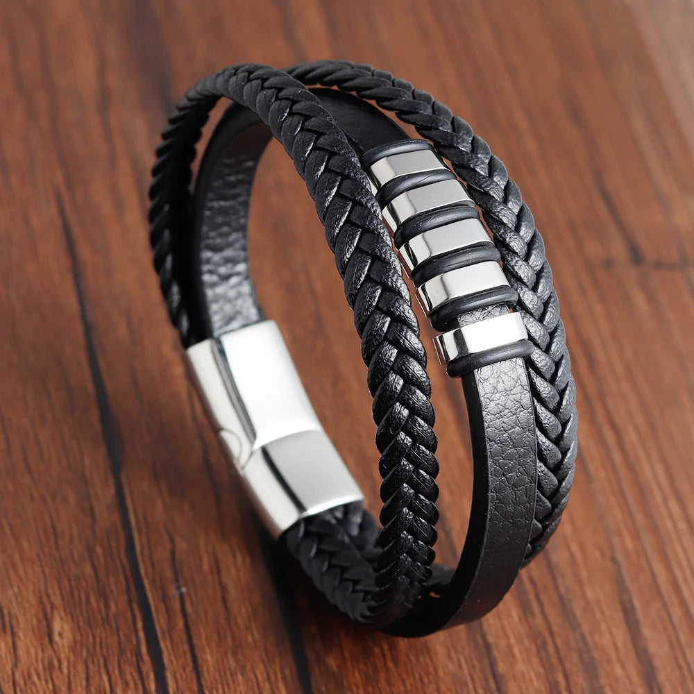 Trenzada de cuero y acero magnético pulsera para hombre de la marca JIAYUPENG, 22-21 cm, en accesorios de joyería.