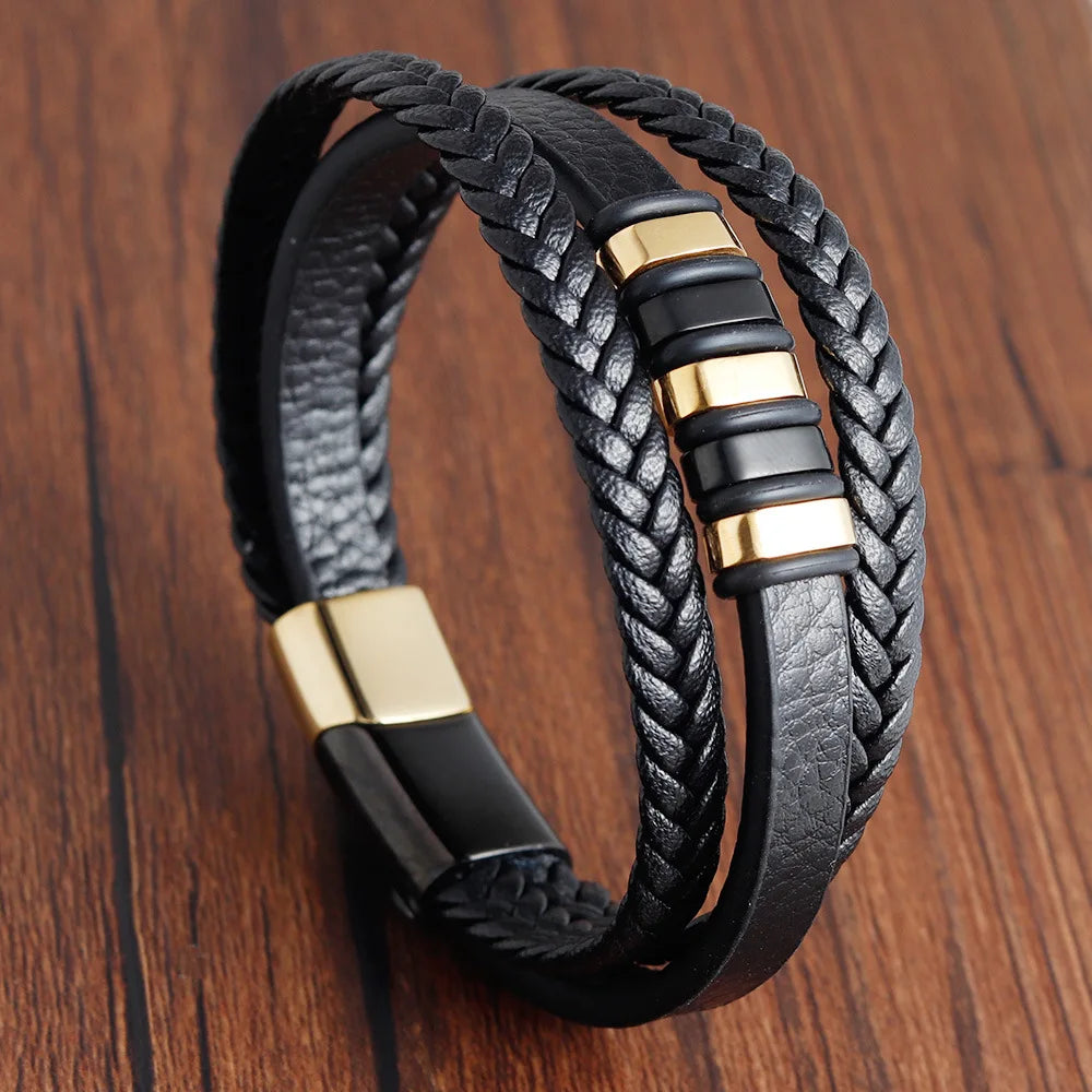 Trenzada cuero y acero magnético pulsera para hombre de la marca JIAYUPENG, 22-21 cm, en accesorios de joyería para hombre.