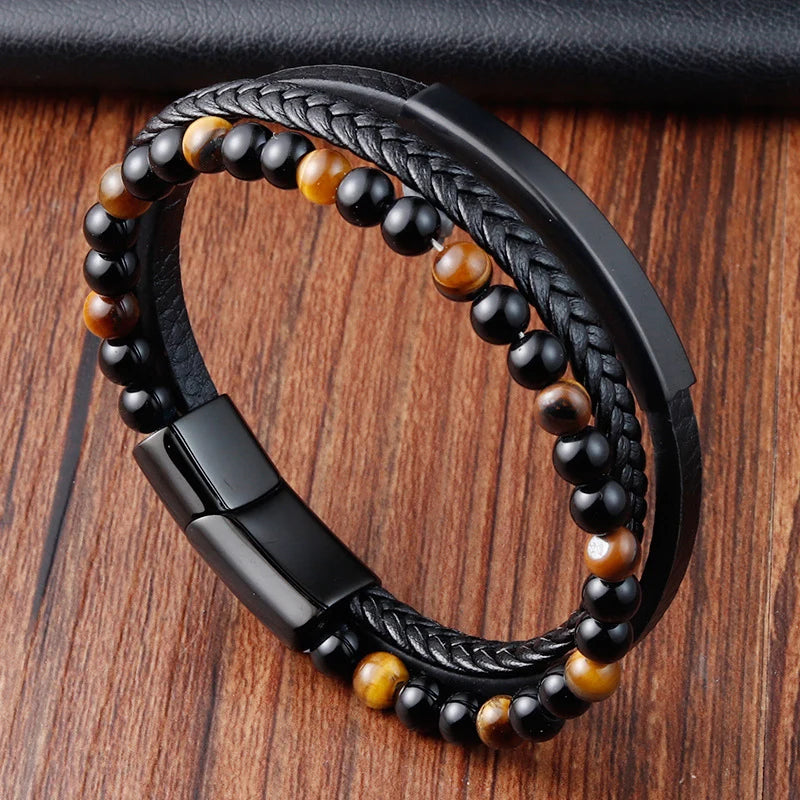 Trenzada hombre cuero pulsera de acero magnético de JIAYUPENG con diseño elegante y cierre ajustable, 21-22 cm de largo.
