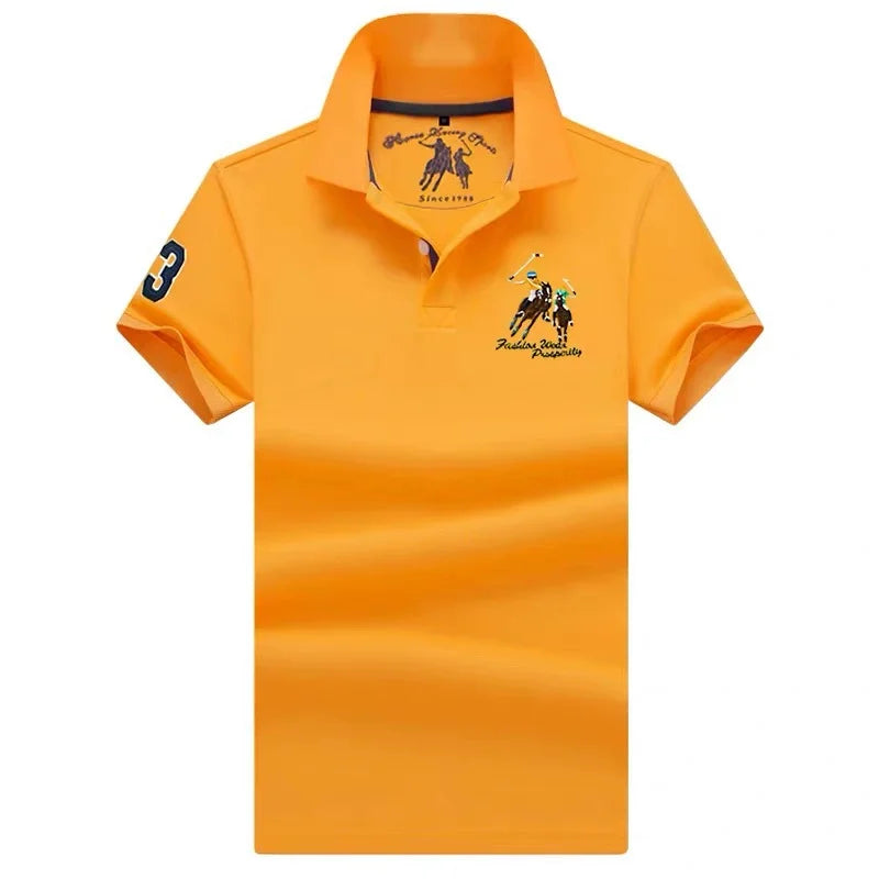 Light blue men's cotton polo shirt by JOYSWAMM, oversized fit with embroidered detail, perfect for casual summer wear.