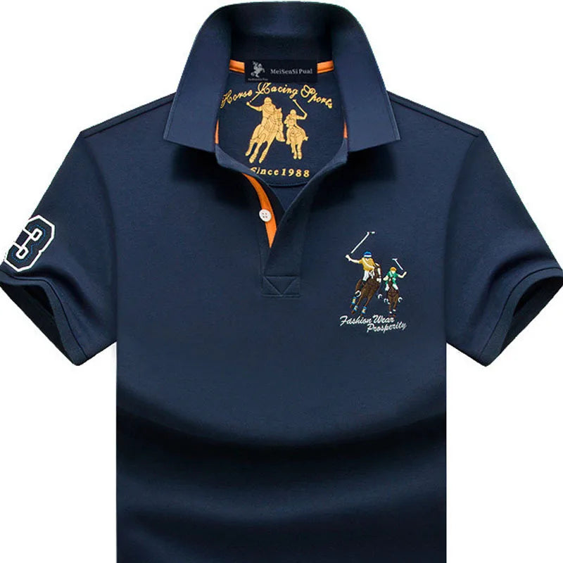 Light blue men's cotton polo shirt by JOYSWAMM, large size with embroidered details, casual summer men's clothing.