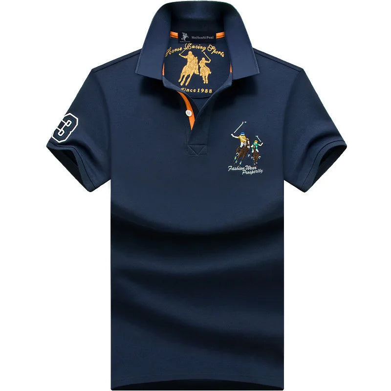 Light blue men's cotton polo shirt by JOYSWAMM, large size, with embroidered details, casual summer style, short-sleeve shirt.