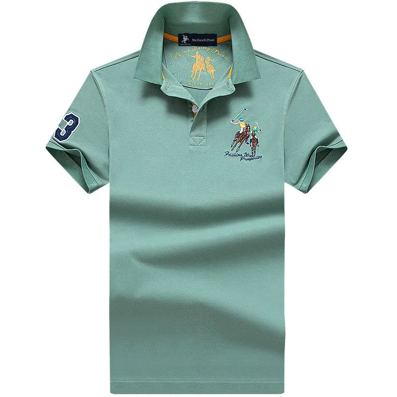 Light blue men's cotton polo shirt by JOYSWAMM, large size with embroidered details, casual summer style.