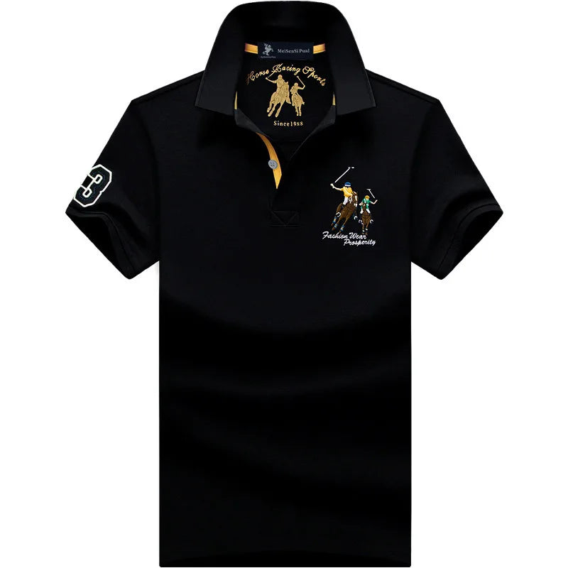 Light blue men's cotton polo shirt by JOYSWAMM, oversized fit with embroidered detail, casual summer clothing for men.