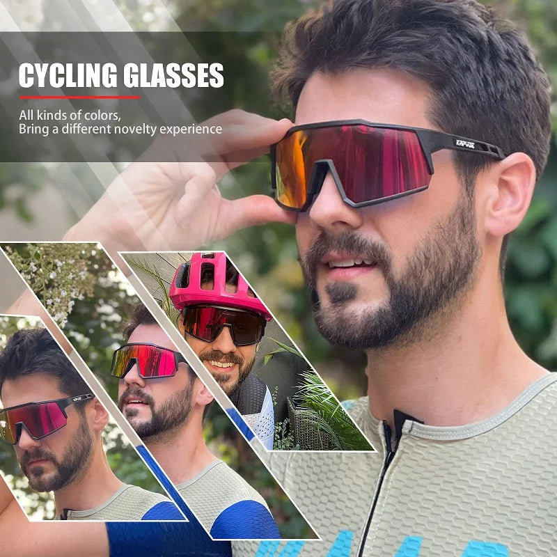 Kapvoe polarized cycling glasses with UV400 protection, sporty MTB sunglasses for men and women, featuring black frame and multi-lens design.