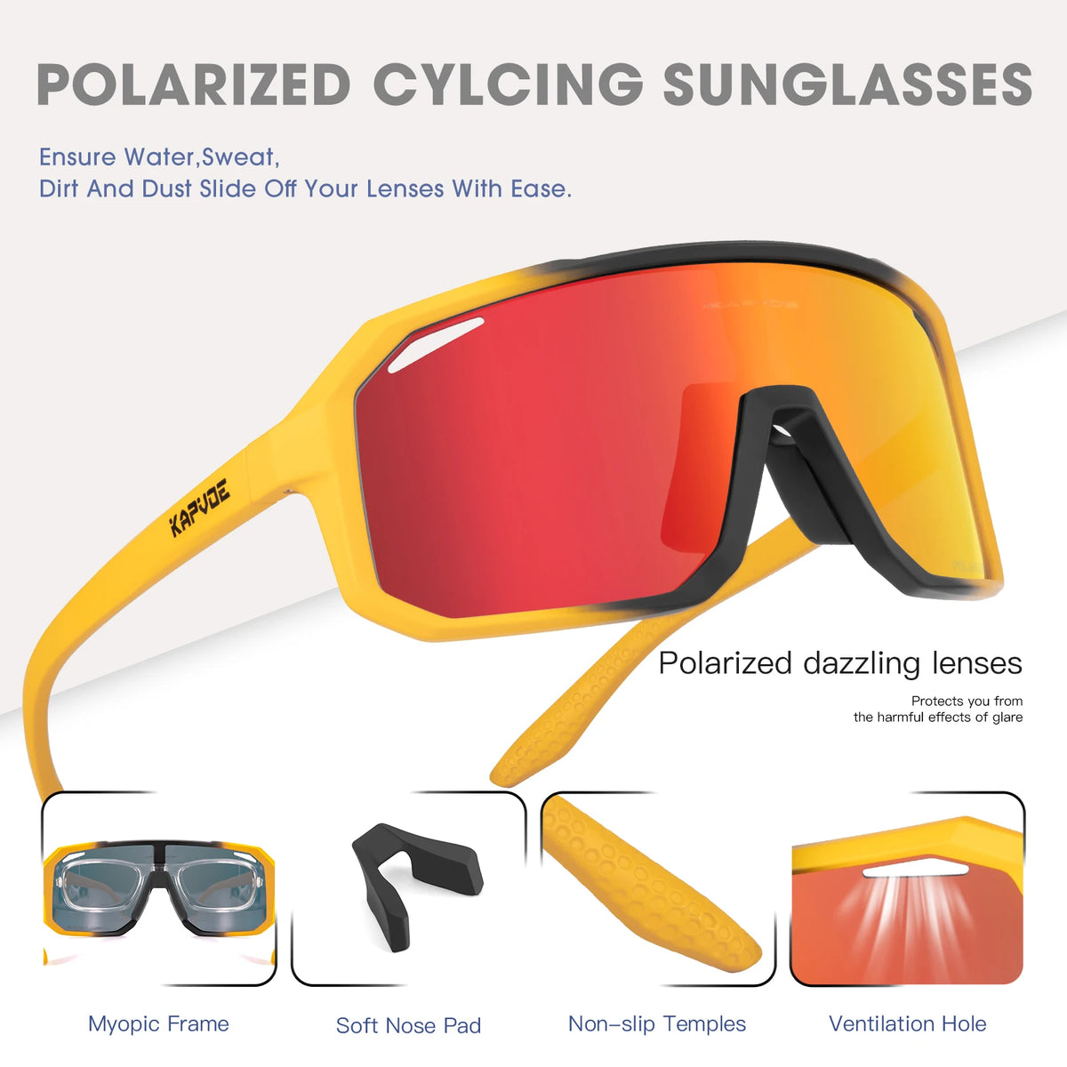 Kapvoe men's polarized cycling sunglasses with UV400 protection, MTB frame, and miopia-compatible lenses for sports cycling.