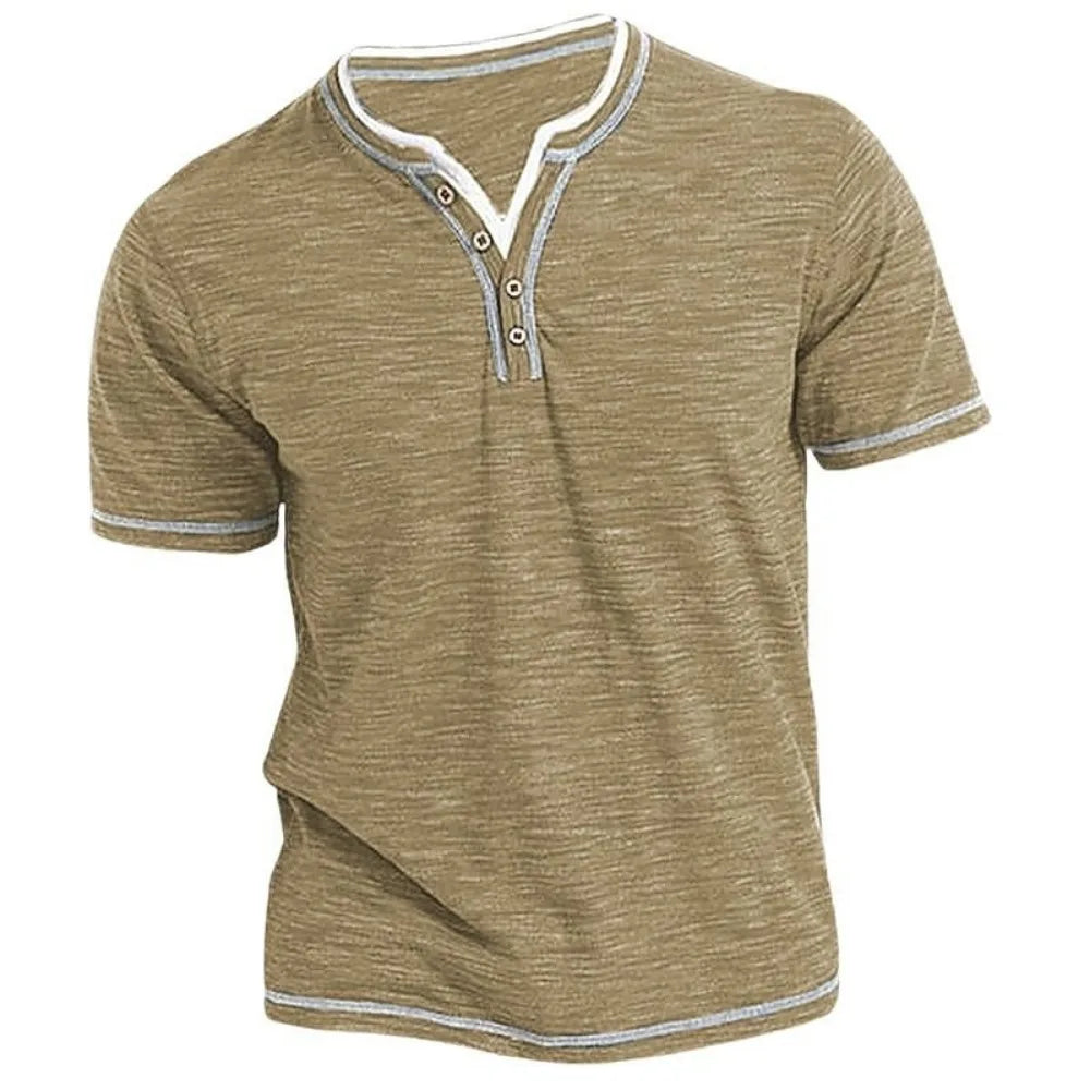 Black King Billion Henley V-Neck T-shirt for men, fitted short-sleeve cotton shirt with elastic fabric, casual men's clothing.