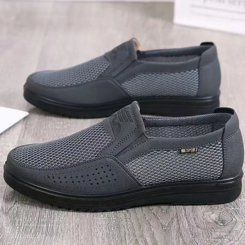 LEDP men's khaki summer moccasins with breathable mesh, casual lightweight design, available in size 38-48.
