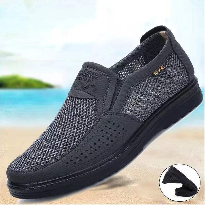 LEDP men's summer loafers in khaki with breathable mesh, casual lightweight design, available in size 47 for comfortable wear.