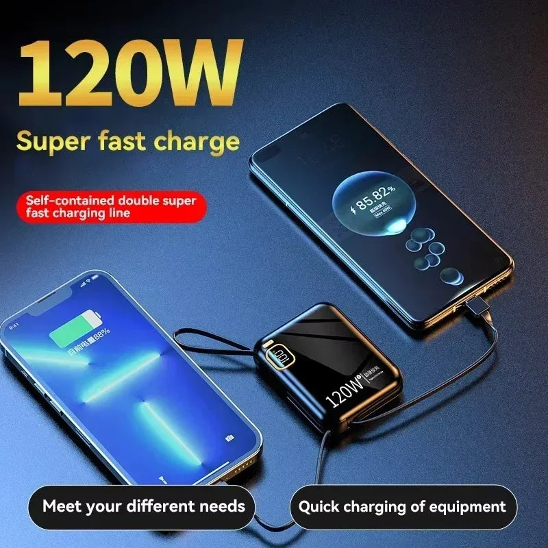 Lenovo 120W 50000mAh portable power bank with fast charging, black 2-in-1 electronic accessory for smartphones and devices.