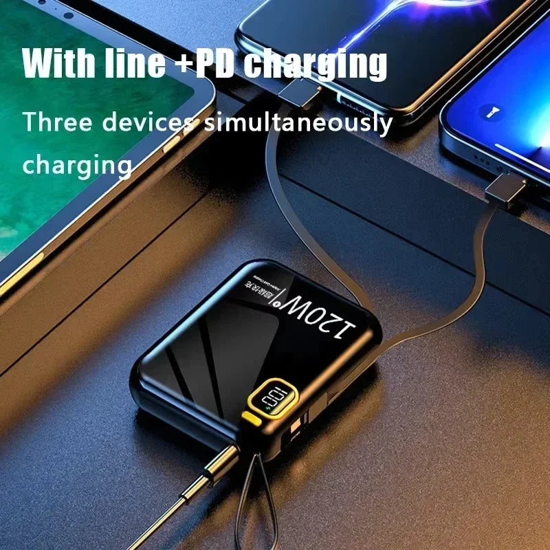 Lenovo 120W 50000mAh portable power bank with fast charging, 2-in-1 electronic accessory, black, compact design.
