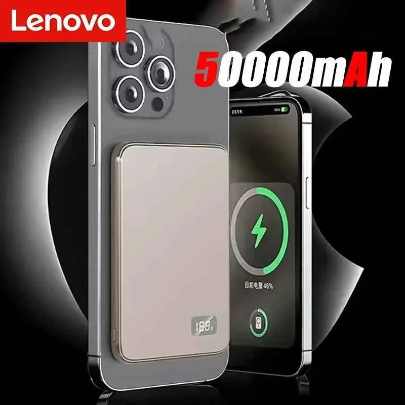 Lenovo magnetic MagSafe external battery pack, 50000mAh with fast PD22.5W charging, easy connection, black portable power bank.