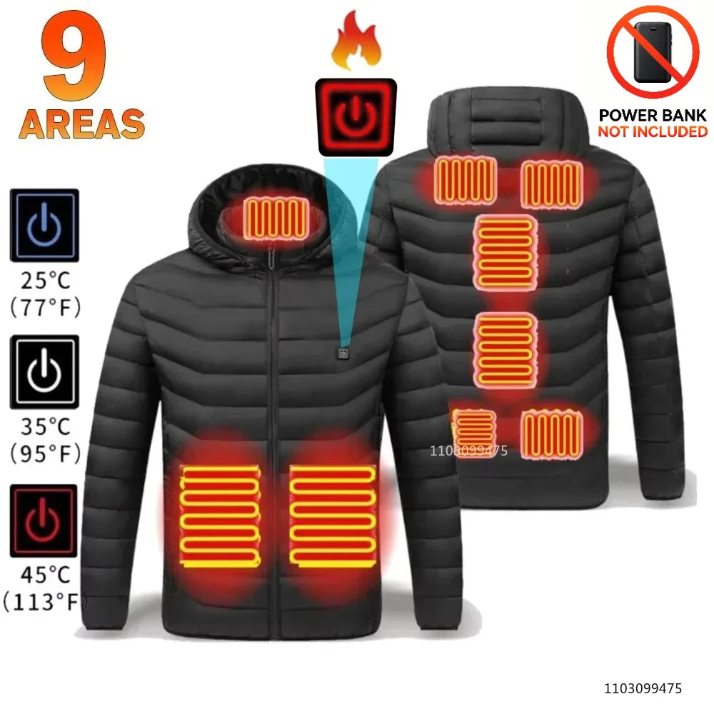 Black LEOSOXS heated jacket with 21 heating zones, USB-powered, designed for men and women, ideal for winter outdoor wear.