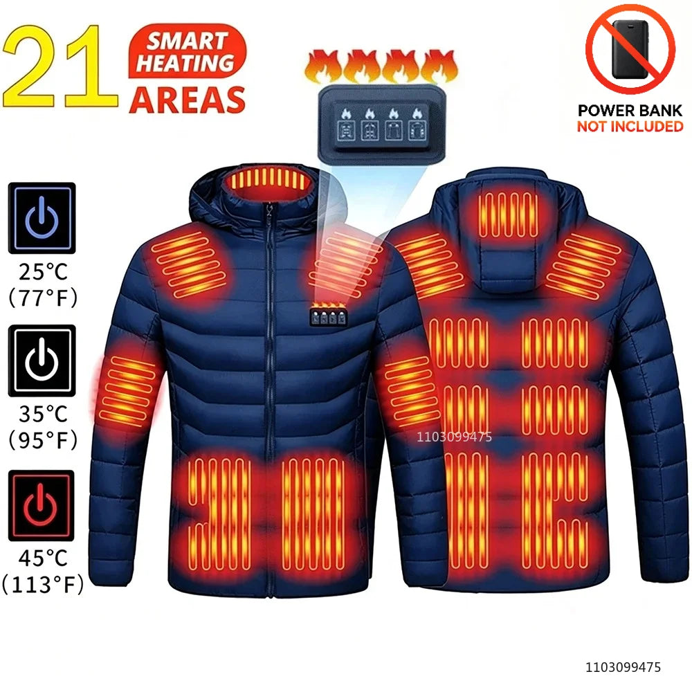 Black LEOSOXS heated jacket with 21 heating zones for men and women, featuring a thermal exterior and USB power source.