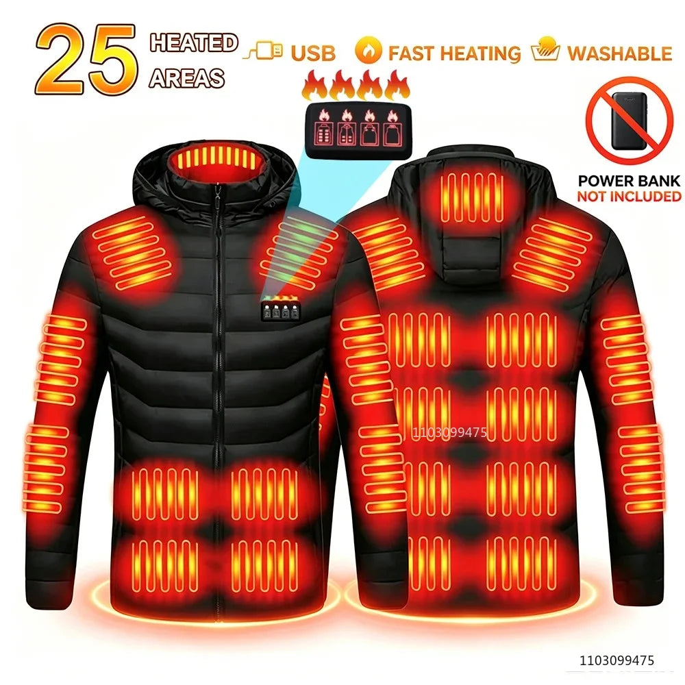 Black LEOSOXS heated jacket with 21-zone heating system, designed for men and women, featuring thermal insulation and USB power.