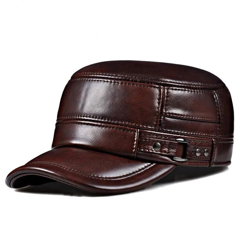 LKSORLI leather winter military-style cap in red and brown, warm, elegant vintage design, size 55-56cm, stylish and durable.