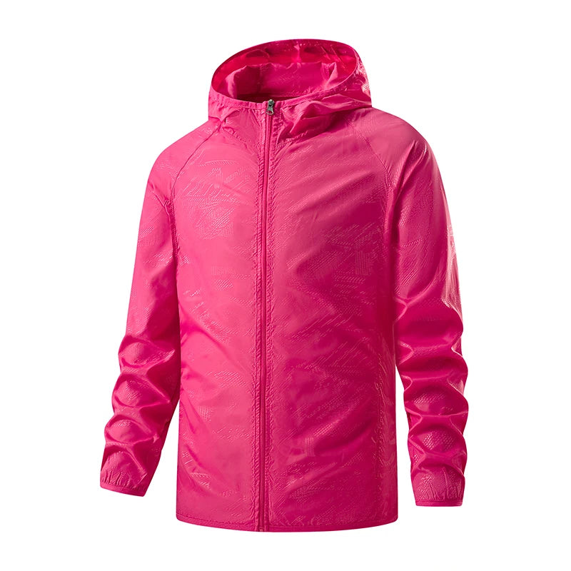Unisex sky blue LNGXO waterproof hiking jacket with windproof and solar protection for camping and outdoor adventures.