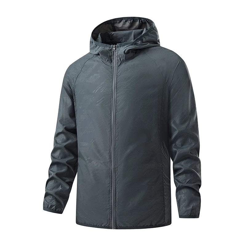 Unisex sky blue LNGXO waterproof windbreaker jacket for hiking and camping, featuring solar protection, size 4XL.
